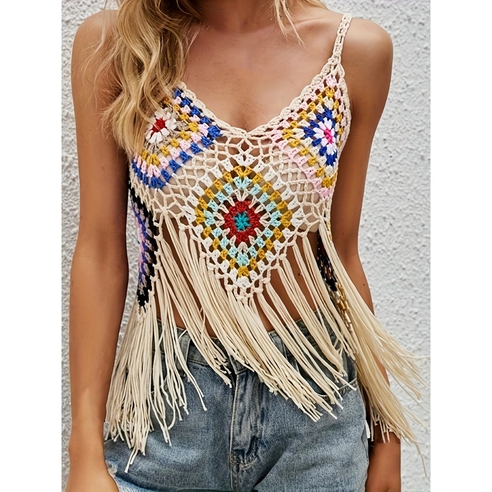 Unbranded Boho Crochet Granny Square Fringe Top Multicolor Festival Tank NEW S-L